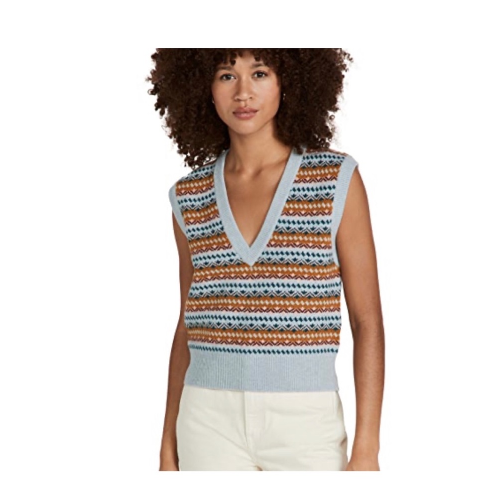 Veronica Beard Light Blue Multi-Color Fair Isle Knit Crop Vest